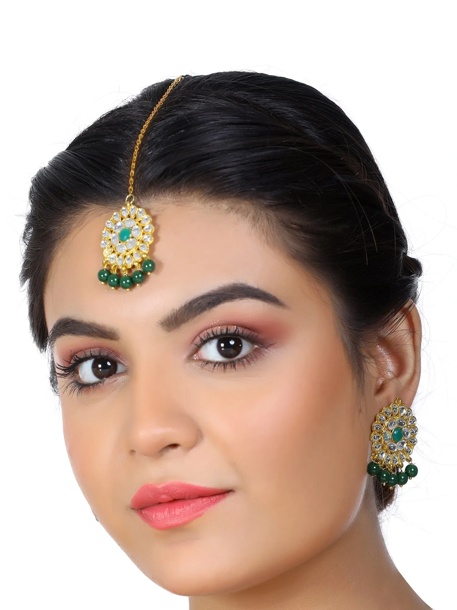 Gold Plated Green Beads Kundan Dangler Earrings with Maangtikka for Women