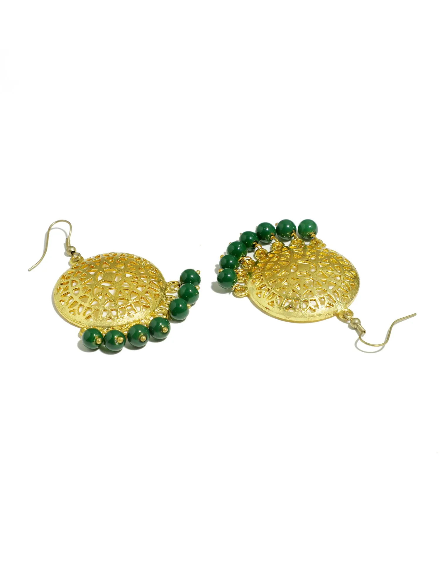 Gold Plated Green Beads Kundan Dangler Earrings with Maangtikka for Women