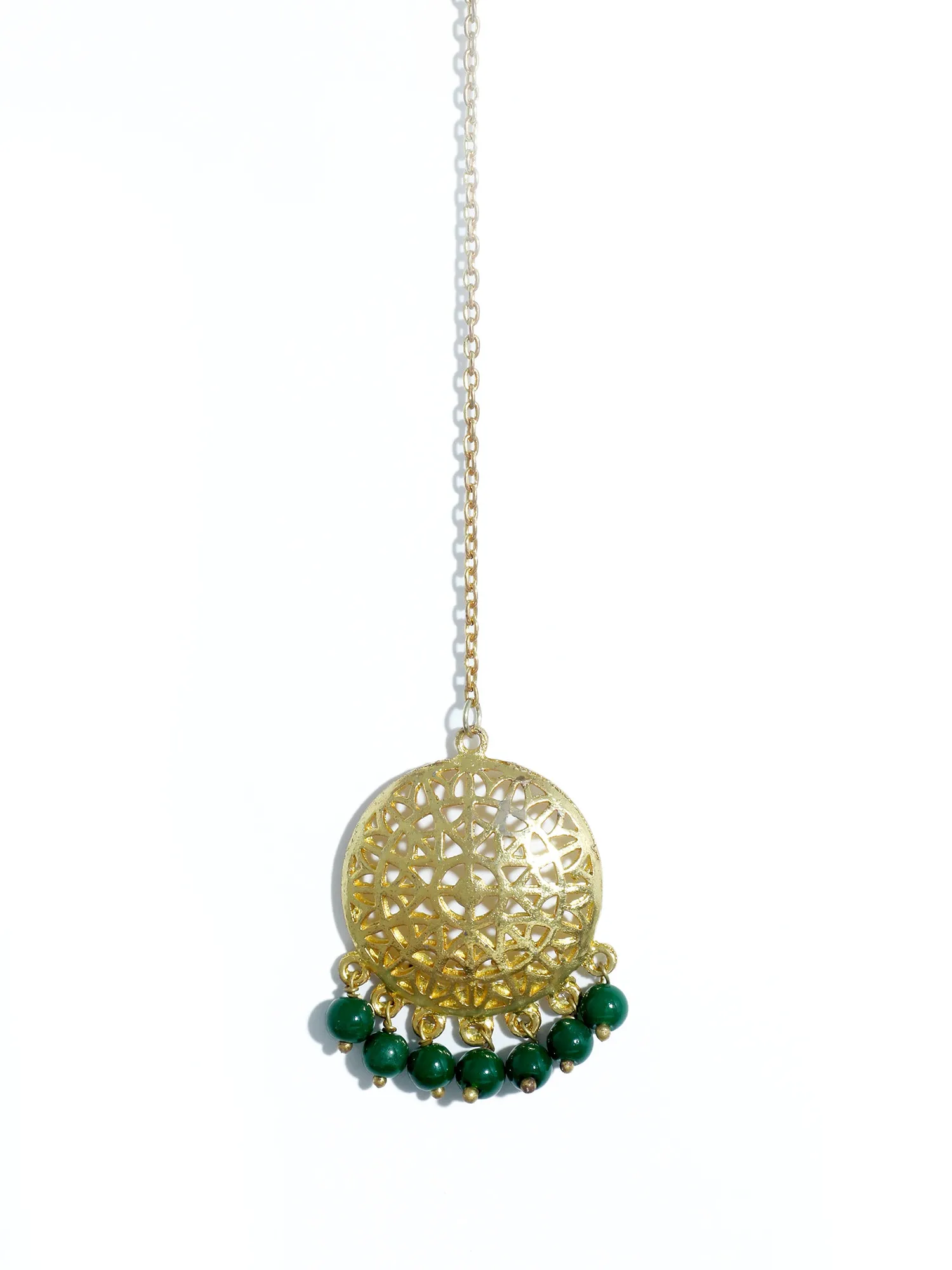 Gold Plated Green Beads Kundan Dangler Earrings with Maangtikka for Women