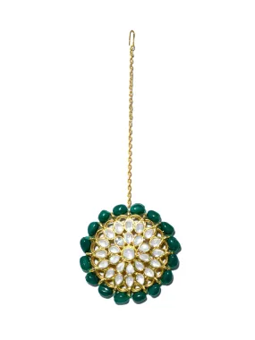 Gold Plated Green Beads Kundan Maangtikka