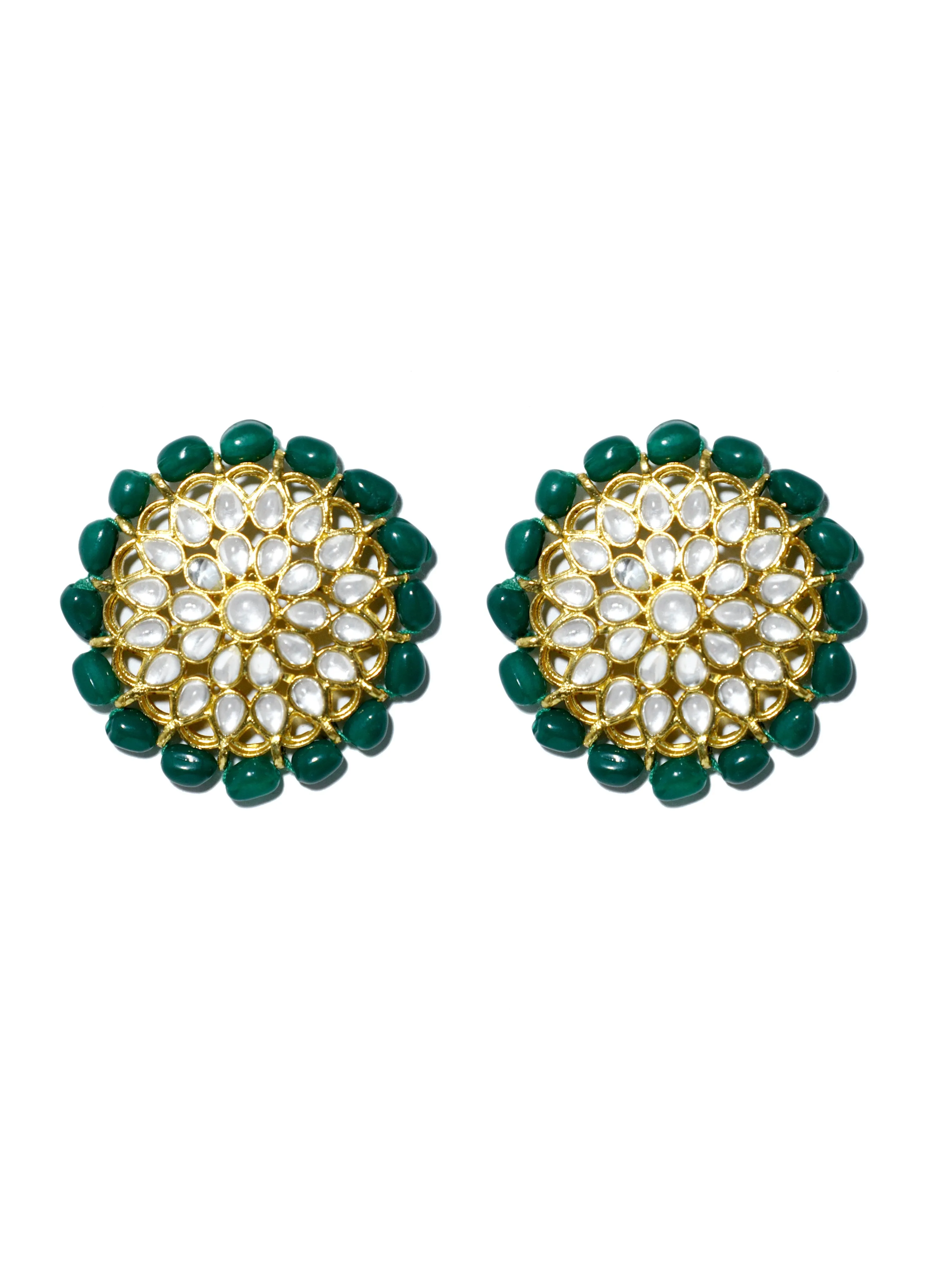 Gold Plated Green Beads Kundan Stud Earrings