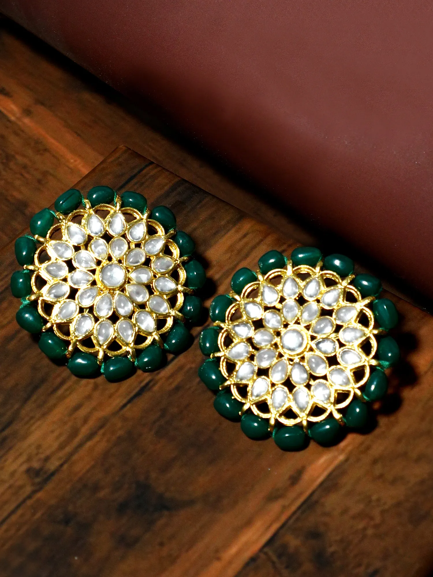 Gold Plated Green Beads Kundan Stud Earrings