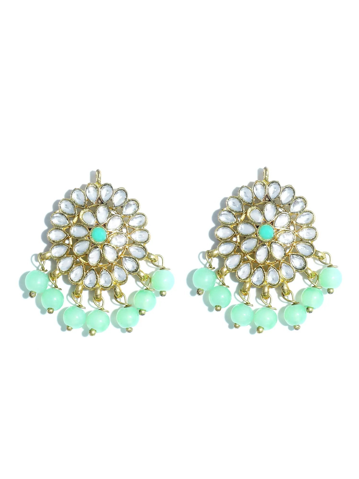 Gold Plated Lime Green Beads Kundan Dangler Earrings with Maangtikka for Women