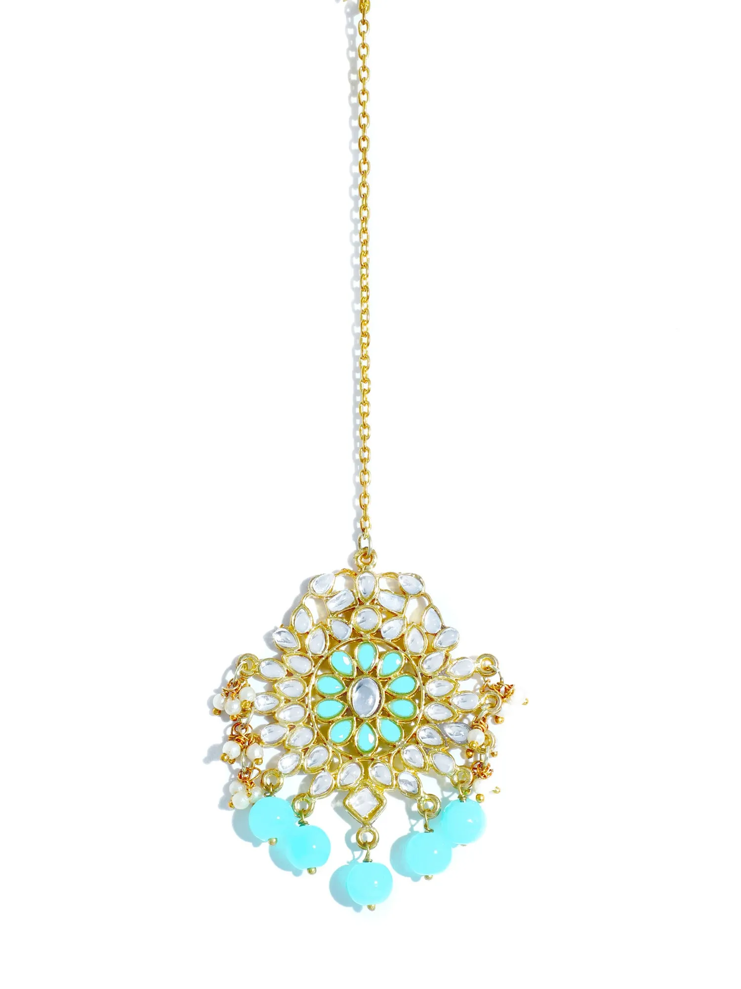 Gold Plated Mint Blue Beads Kundan Dangler Earrings with Maangtikka for Women