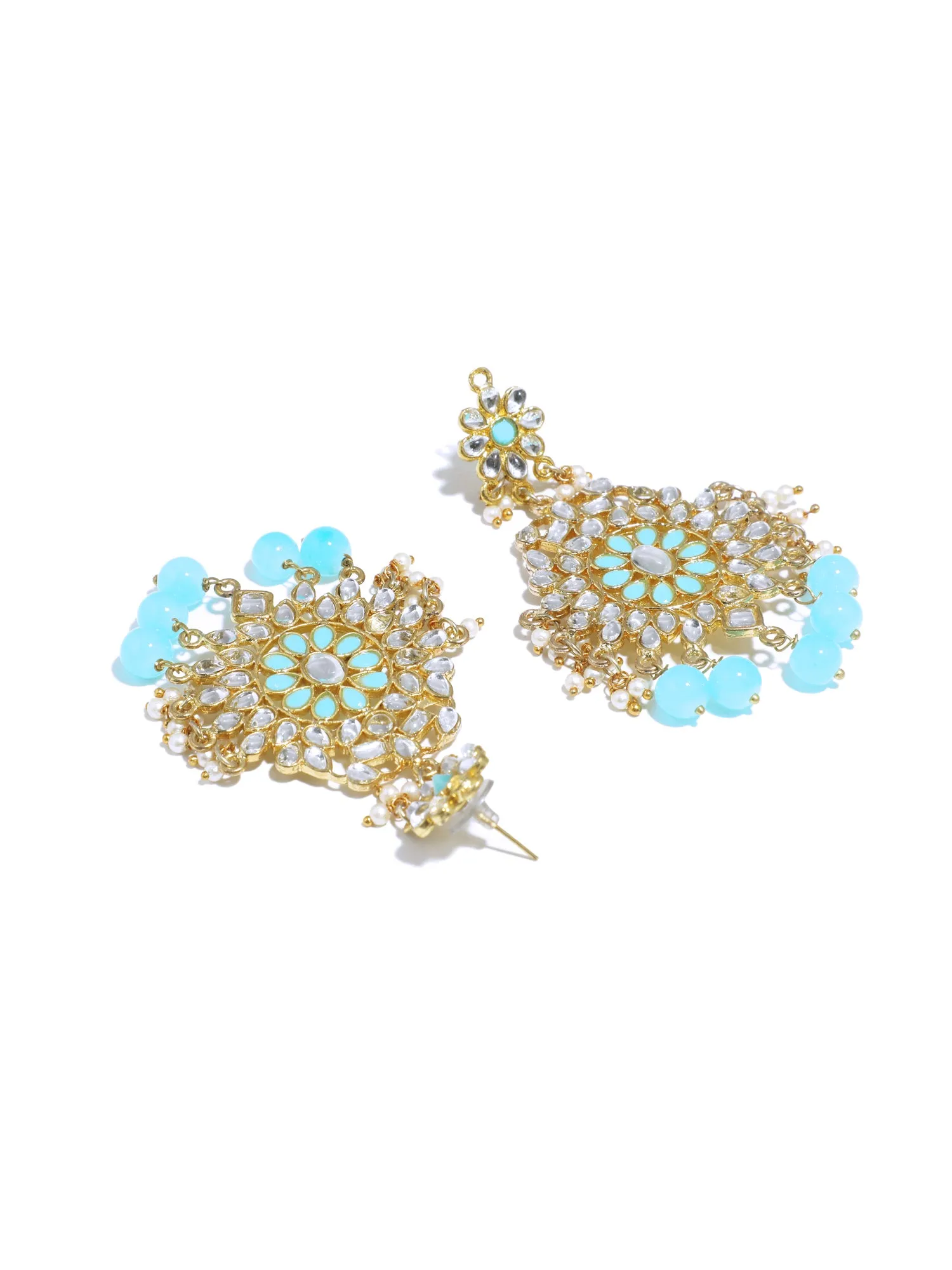 Gold Plated Mint Blue Beads Kundan Dangler Earrings with Maangtikka for Women