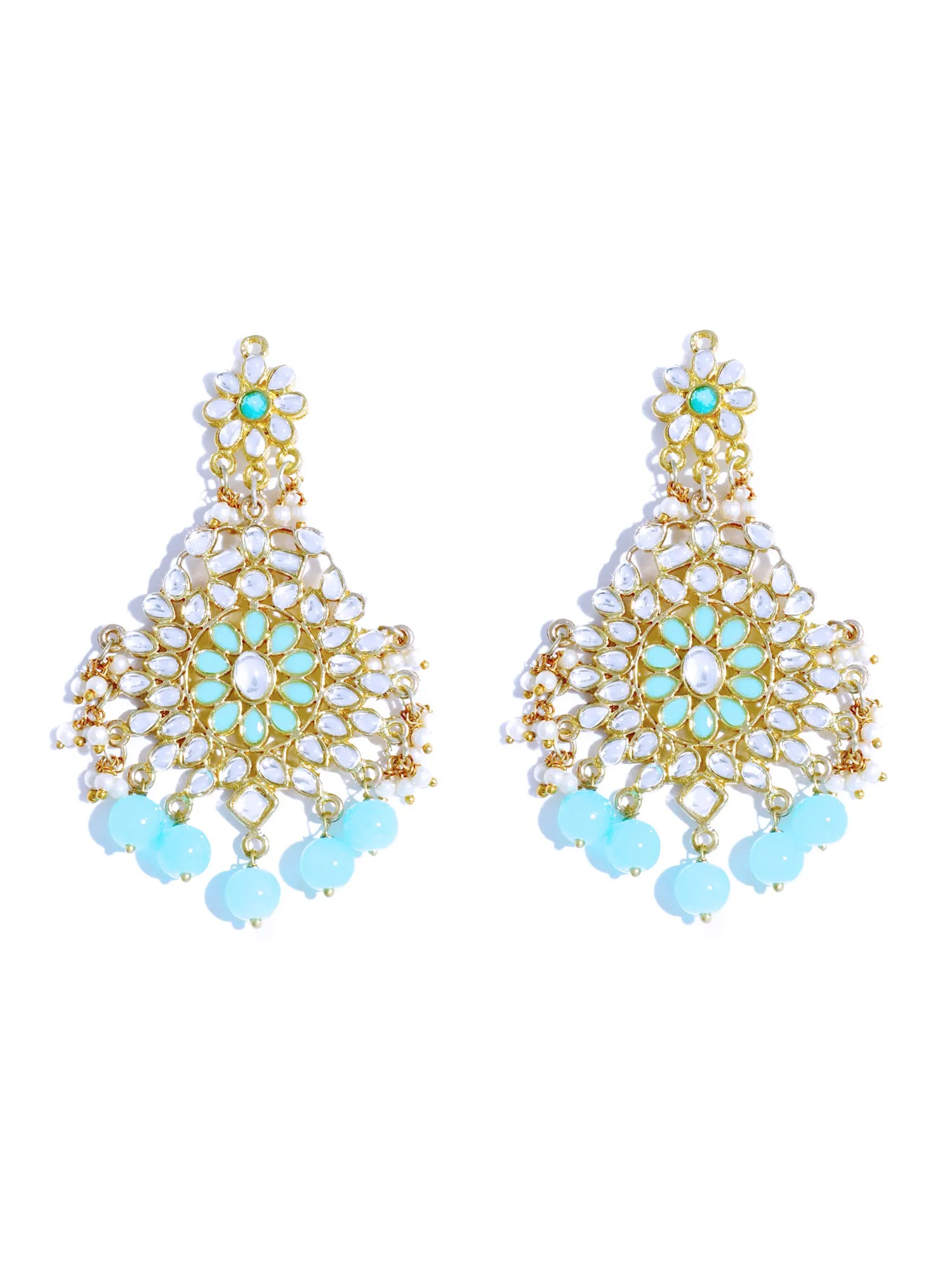 Gold Plated Mint Blue Beads Kundan Dangler Earrings with Maangtikka for Women