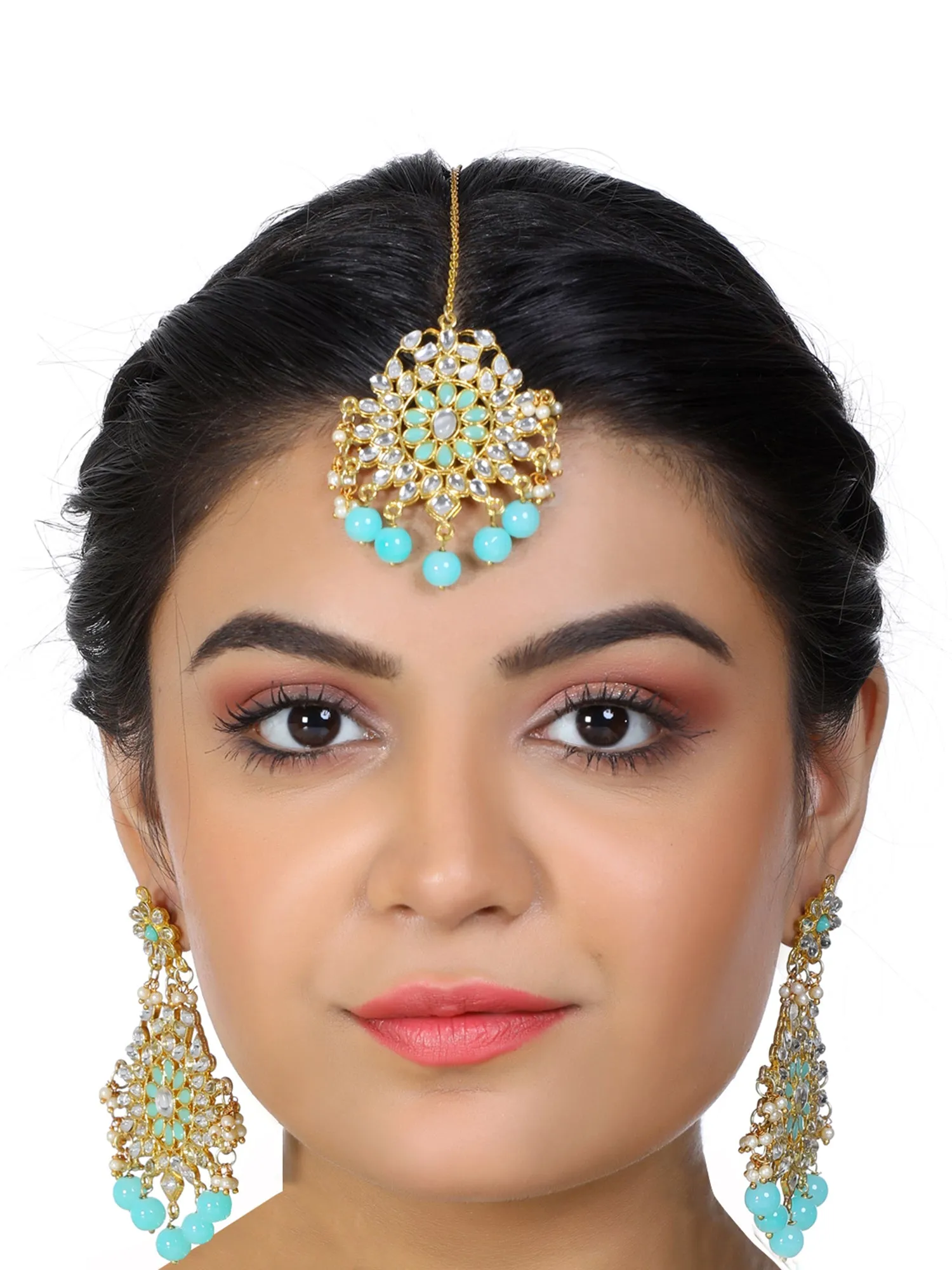 Gold Plated Mint Blue Beads Kundan Dangler Earrings with Maangtikka for Women