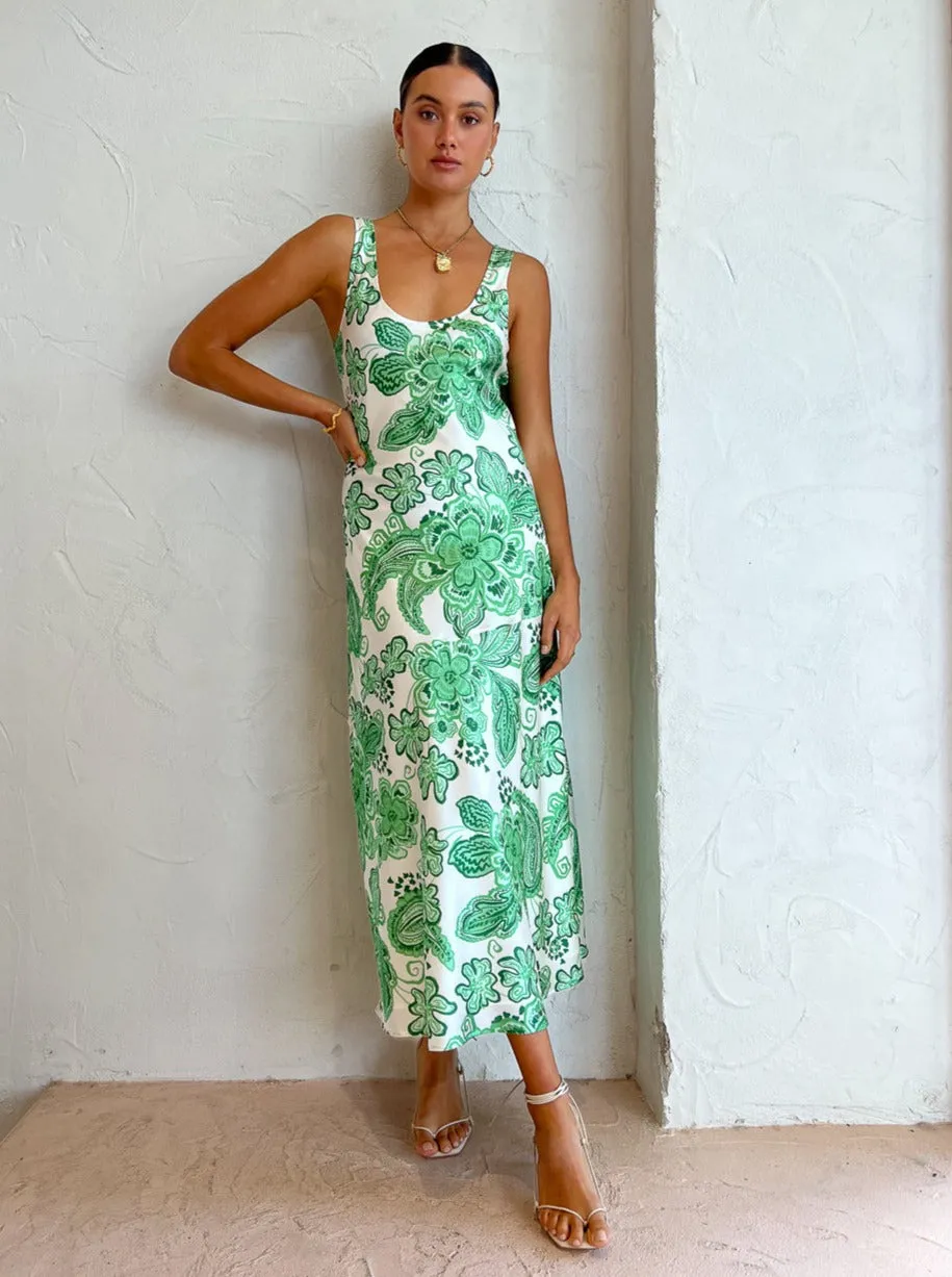 Hansen and Gretel Patricia Bias Cut Maxi Dress in Greenhouse