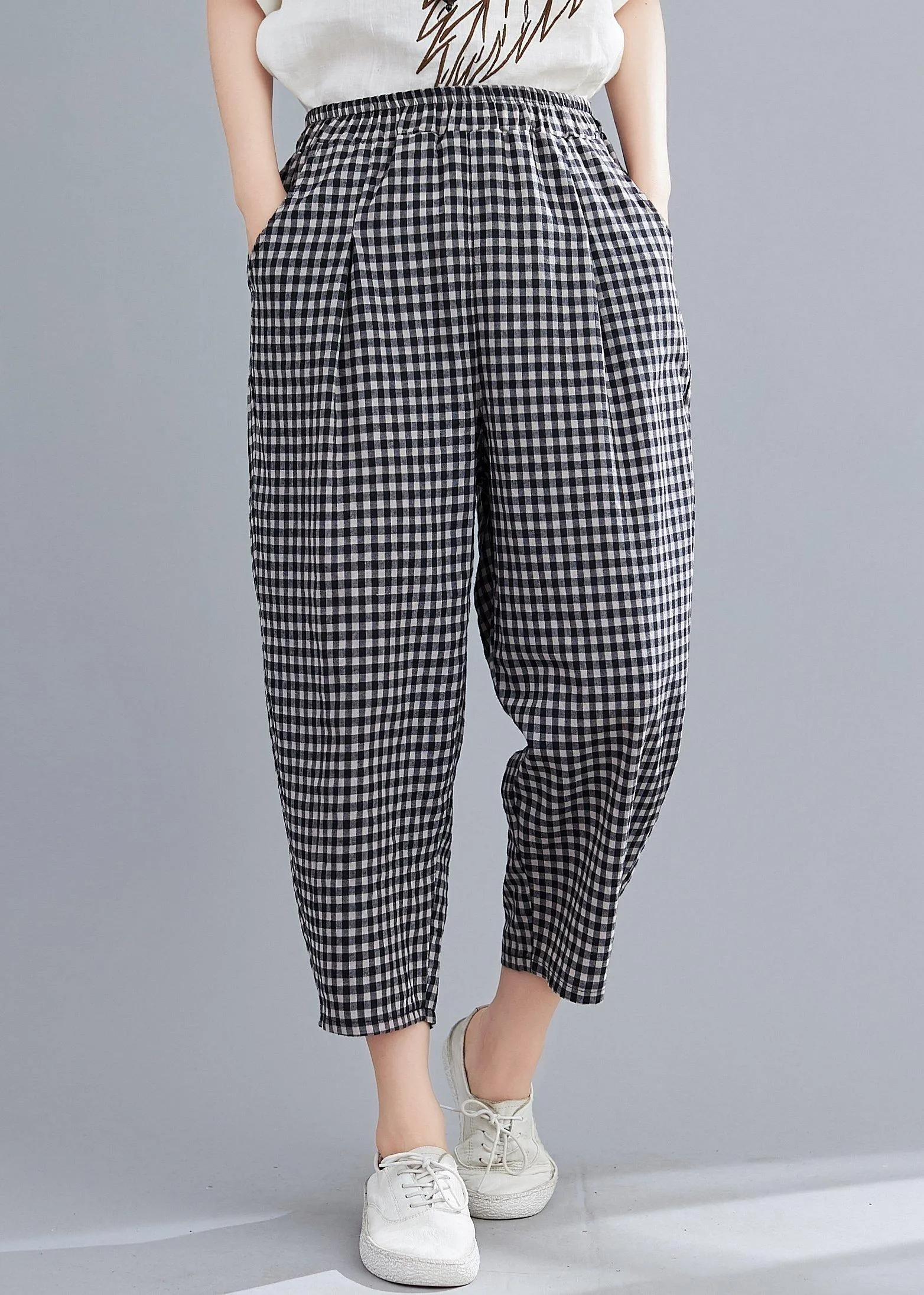 High-waist cotton linen checked harem pants