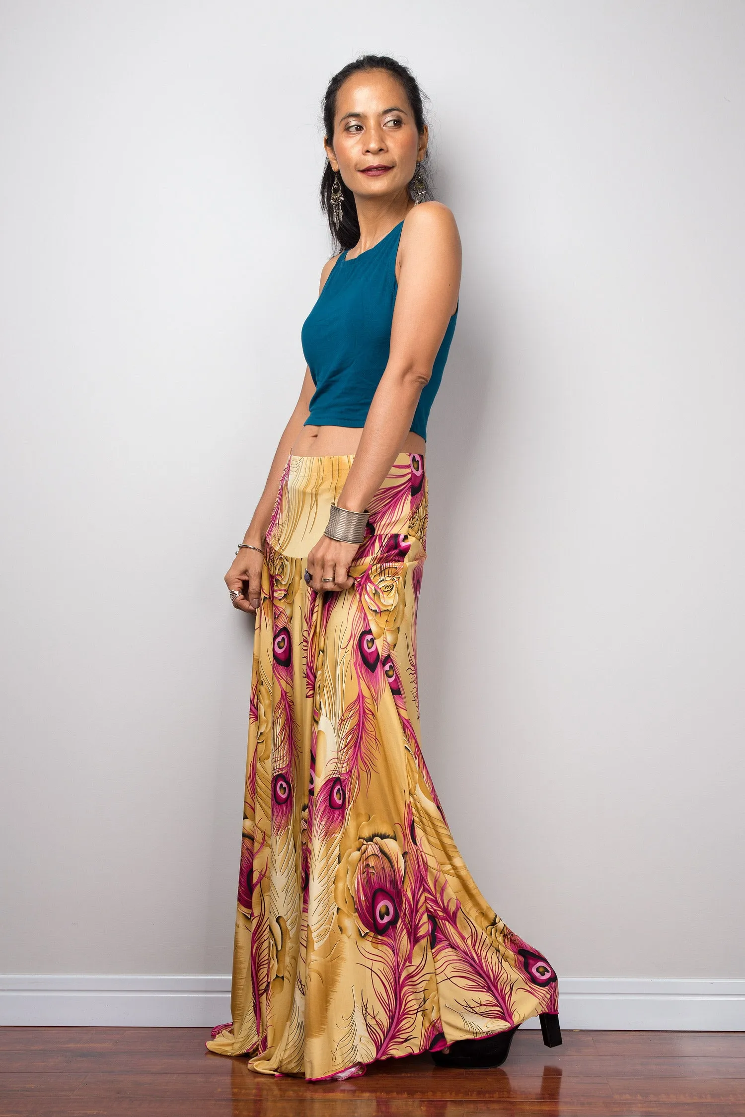 High waist skirt | boho peacock maxi skirt | Floor length women's skirt