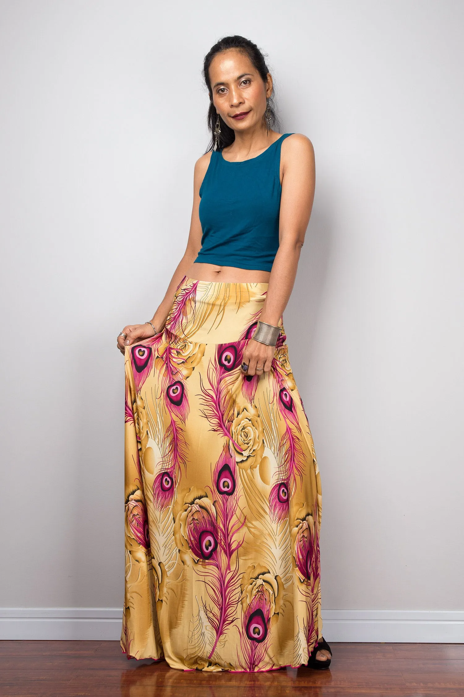 High waist skirt | boho peacock maxi skirt | Floor length women's skirt