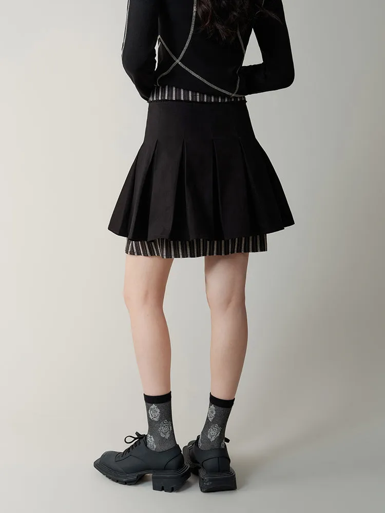 High Waist Striped Splicing Pleated Skirt