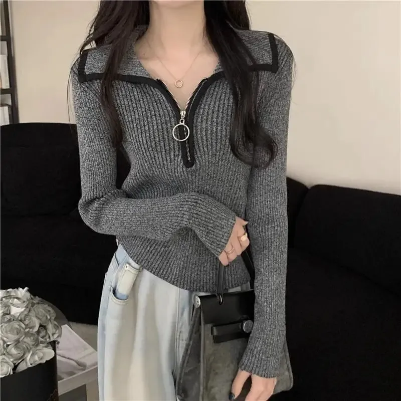 Hnewly warm winter outfits Turn-down Collar Zipper Sweater Women Autumn Winter Fashion Solid Color Slim Knitwear Office Lady All-match Trend Knitting Tops