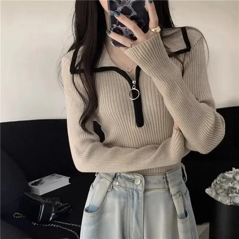 Hnewly warm winter outfits Turn-down Collar Zipper Sweater Women Autumn Winter Fashion Solid Color Slim Knitwear Office Lady All-match Trend Knitting Tops