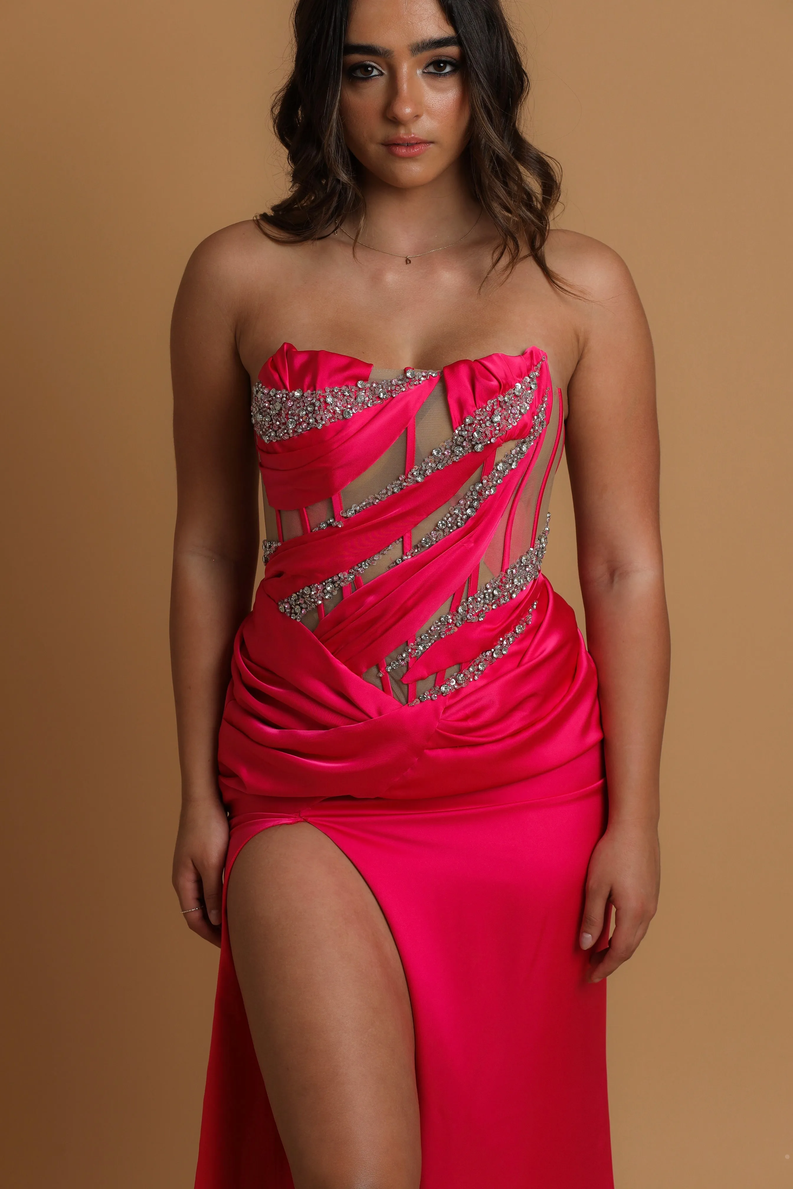 hot pink mesh panelling corset dress