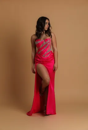 hot pink mesh panelling corset dress