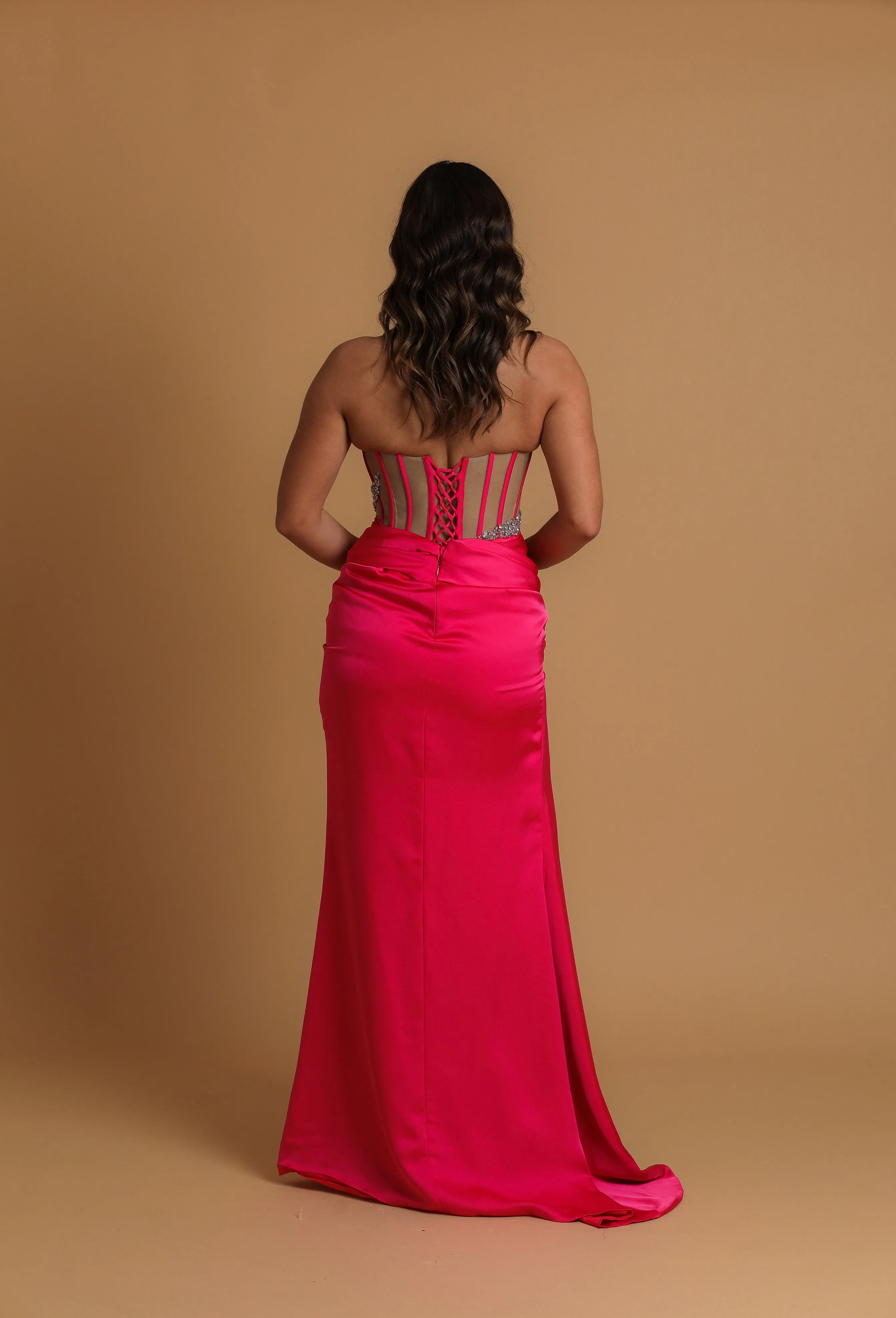 hot pink mesh panelling corset dress