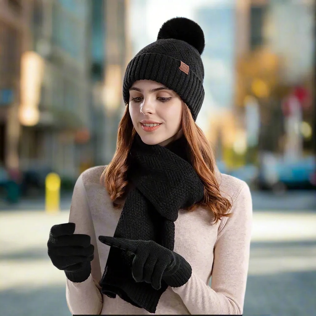 Hot Sale！Hat Scarf and Gloves Set for Women,Winter Warm Scarfs,Gloves,Hat Combo for Women,Knitting Beanie Hat,Infinity Scarf,Touch Screen Lined Matching Gloves Set for Women