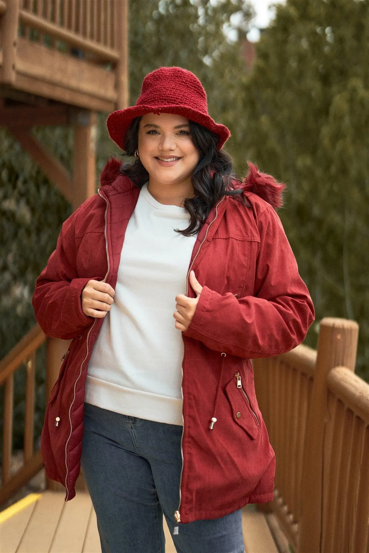 Junior Plus Size Reversible Wine Red Dyed Vegan Fur Double-Sided Cotton Twill Parka & Puffer Jacket /2-2