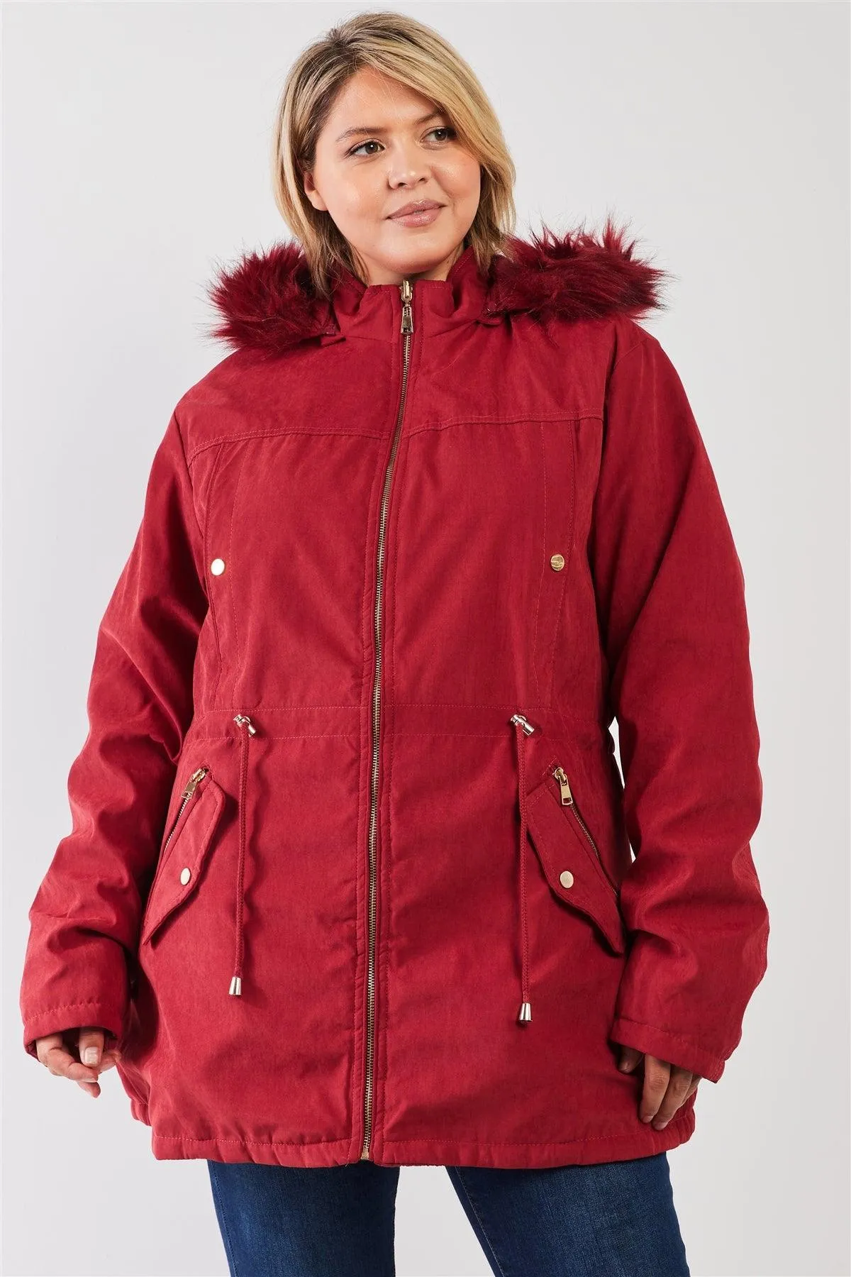 Junior Plus Size Reversible Wine Red Dyed Vegan Fur Double-Sided Cotton Twill Parka & Puffer Jacket /2-2