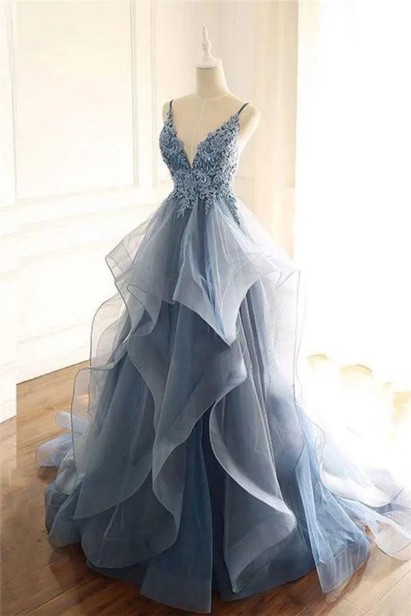 kamahe Gray Evening Dresses Tulle V-neck Ruffles Long Spaghetti Lace Beading Prom Party Gowns