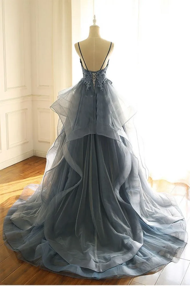 kamahe Gray Evening Dresses Tulle V-neck Ruffles Long Spaghetti Lace Beading Prom Party Gowns