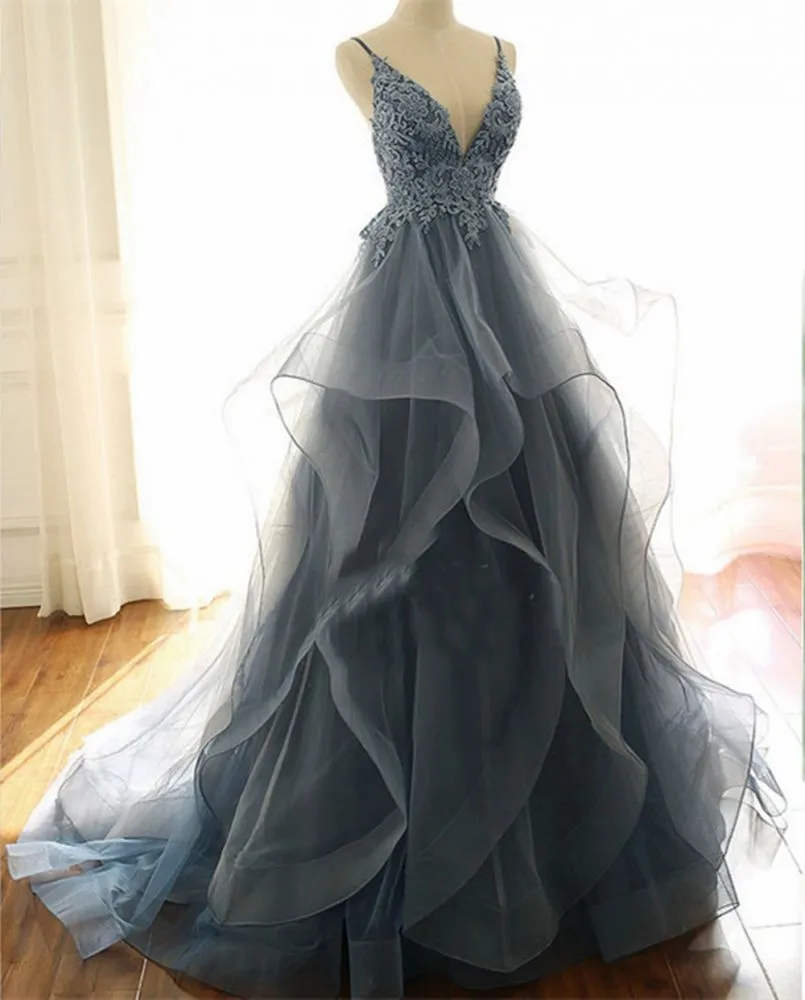 kamahe Gray Evening Dresses Tulle V-neck Ruffles Long Spaghetti Lace Beading Prom Party Gowns