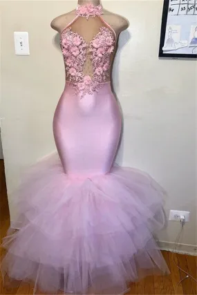 kamahe Pink Halter Sleeveless Flower Appliques Tulle Mermaid Prom Party Gowns