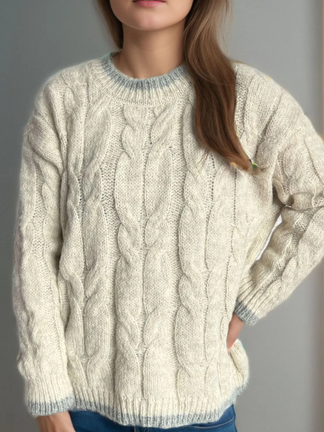 kesley Cable Knit Round Neck Long Sleeve Sweater