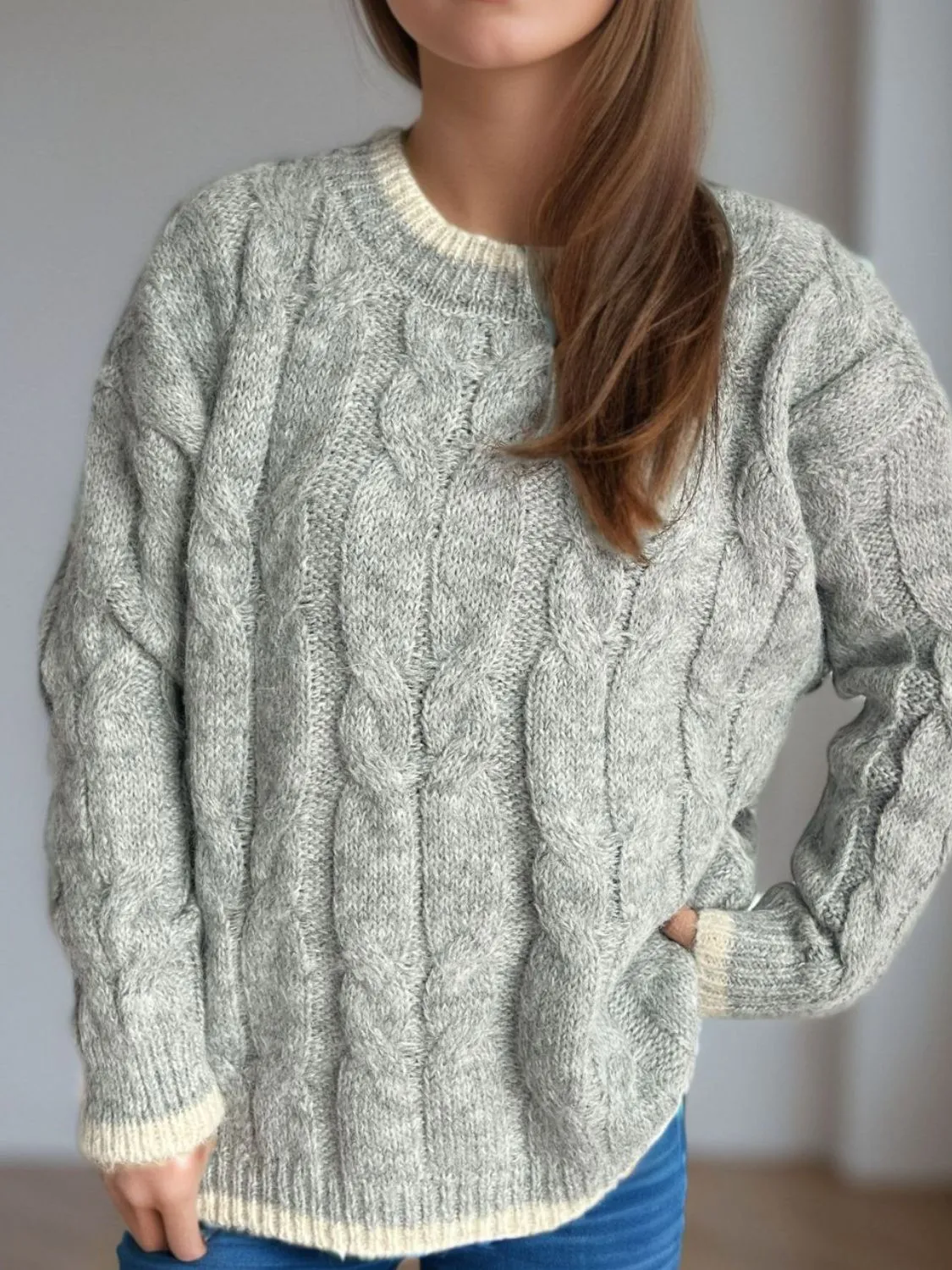 kesley Cable Knit Round Neck Long Sleeve Sweater