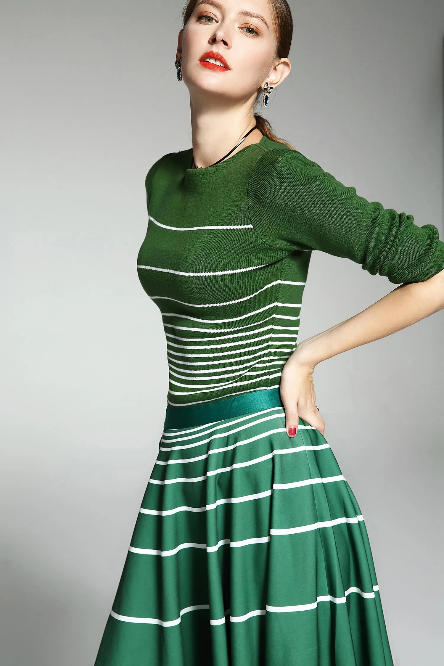 Limited autumn green stripe 1950 swing skirt Audrey Hepburn inspired  horizontal stripe skirt   knit top two piece- suit set -Amara