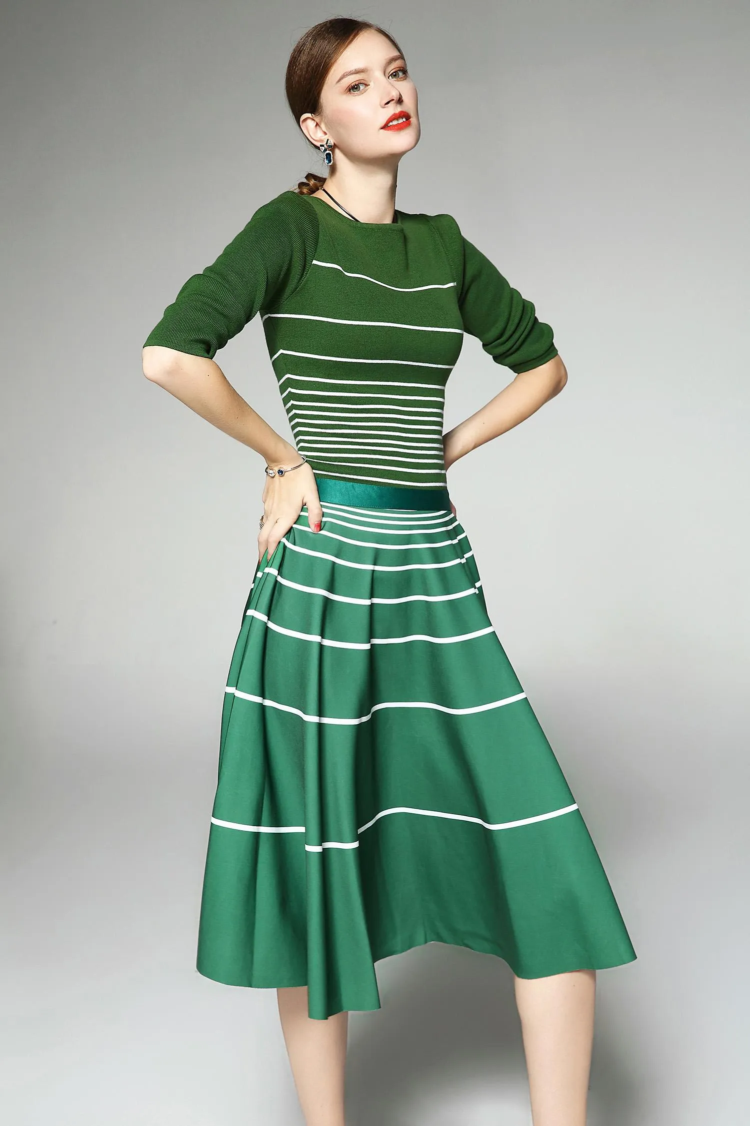 Limited autumn green stripe 1950 swing skirt Audrey Hepburn inspired  horizontal stripe skirt   knit top two piece- suit set -Amara