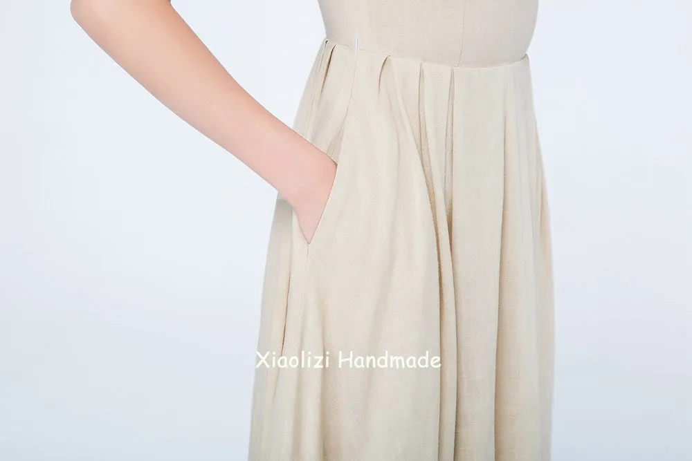 linen summer dress, cream dress short sleeves 1742