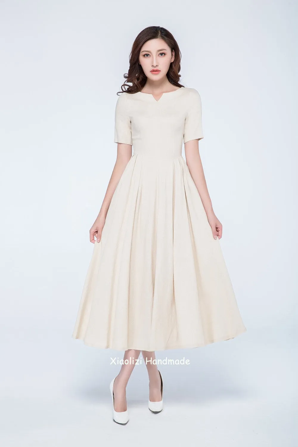 linen summer dress, cream dress short sleeves 1742