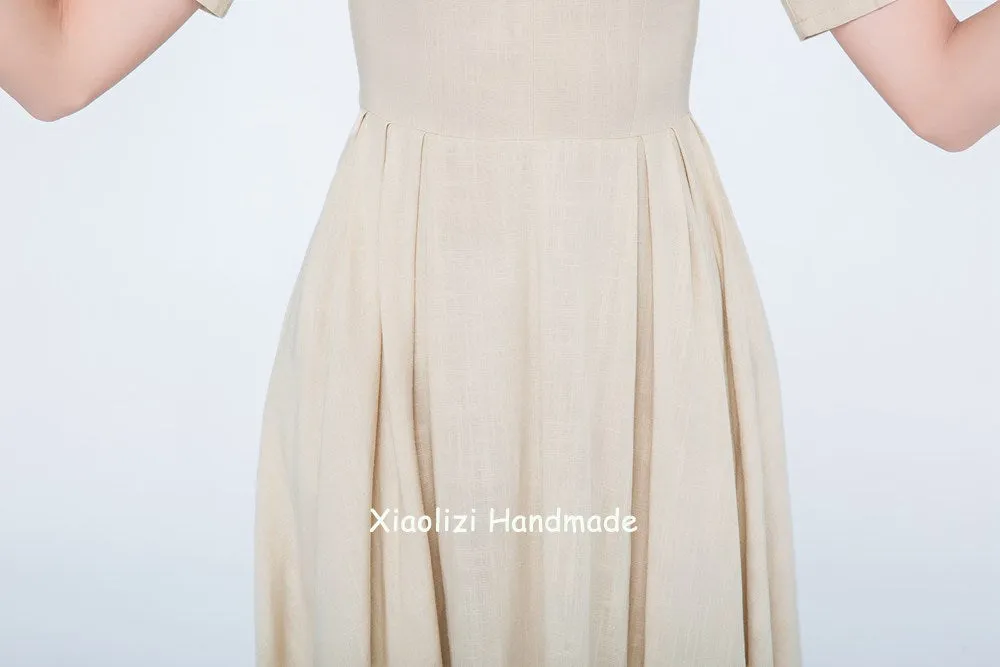 linen summer dress, cream dress short sleeves 1742