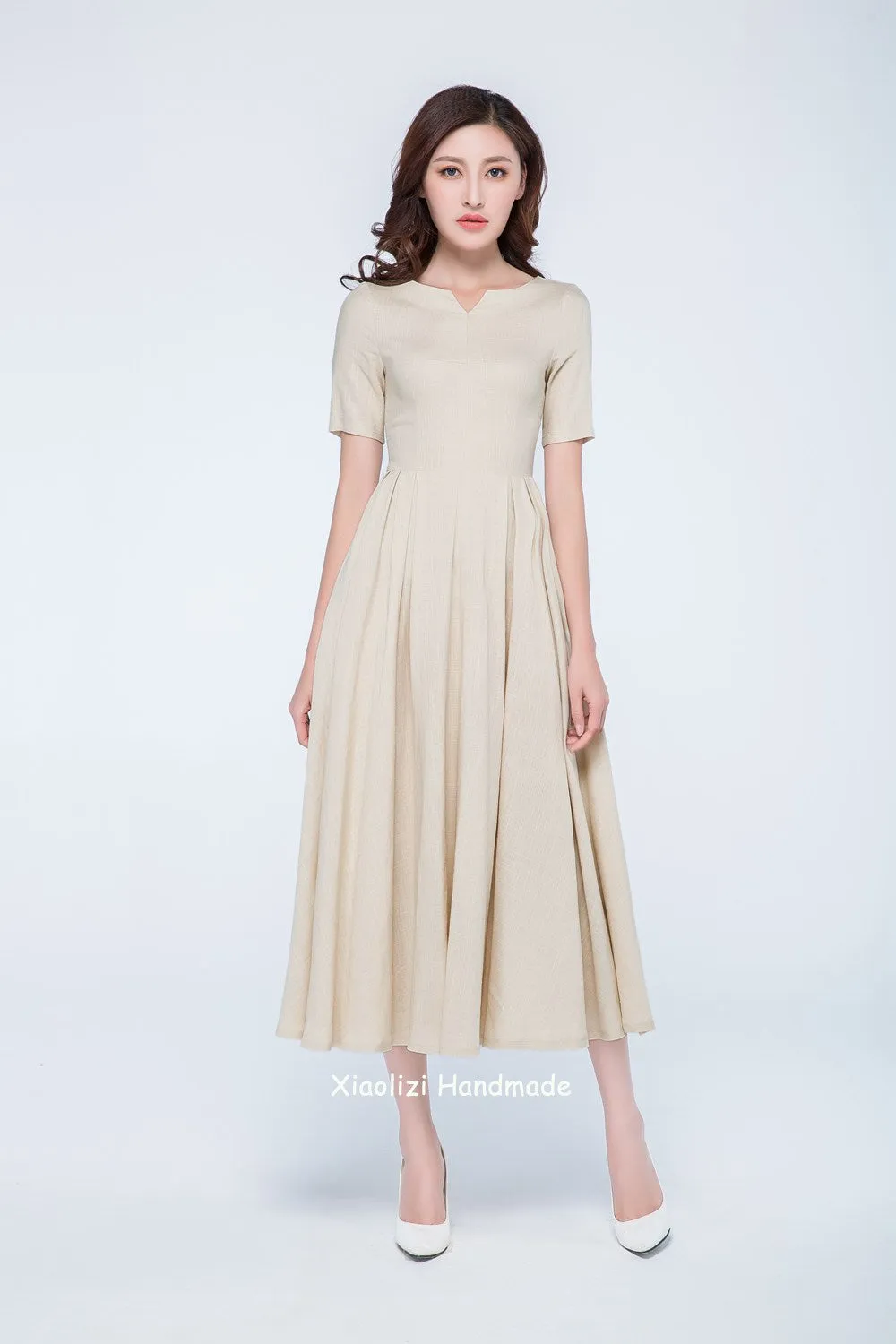 linen summer dress, cream dress short sleeves 1742