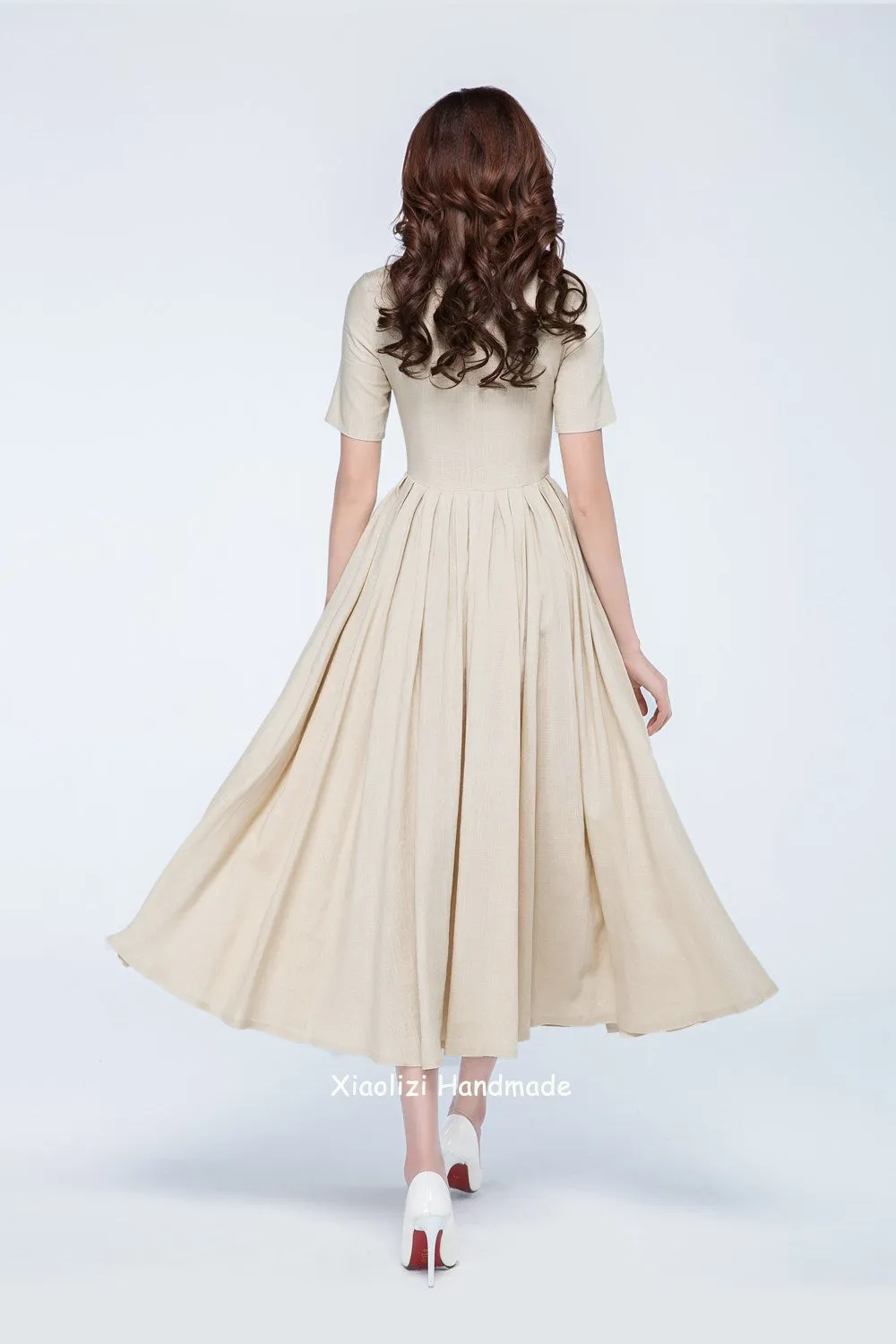 linen summer dress, cream dress short sleeves 1742