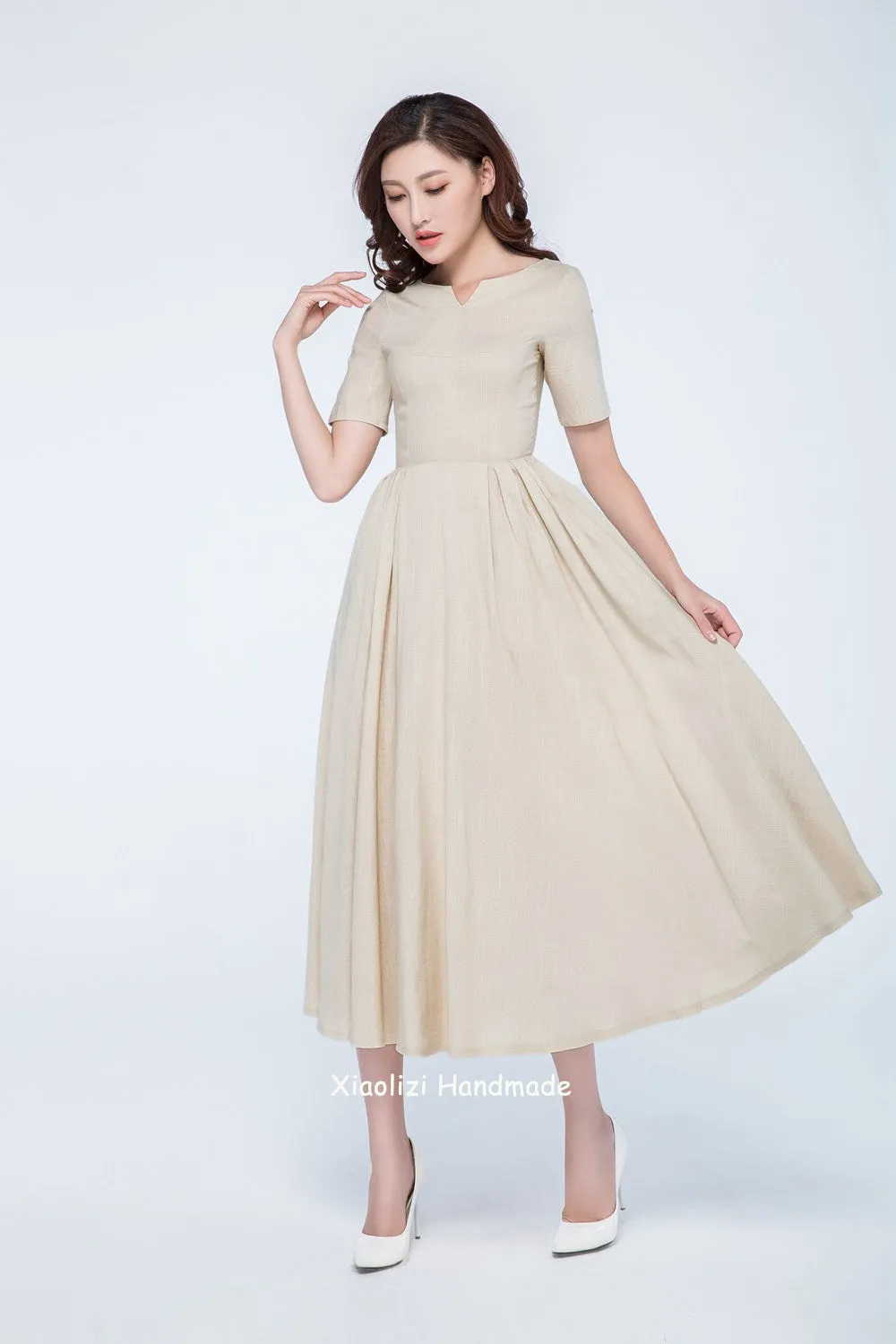 linen summer dress, cream dress short sleeves 1742