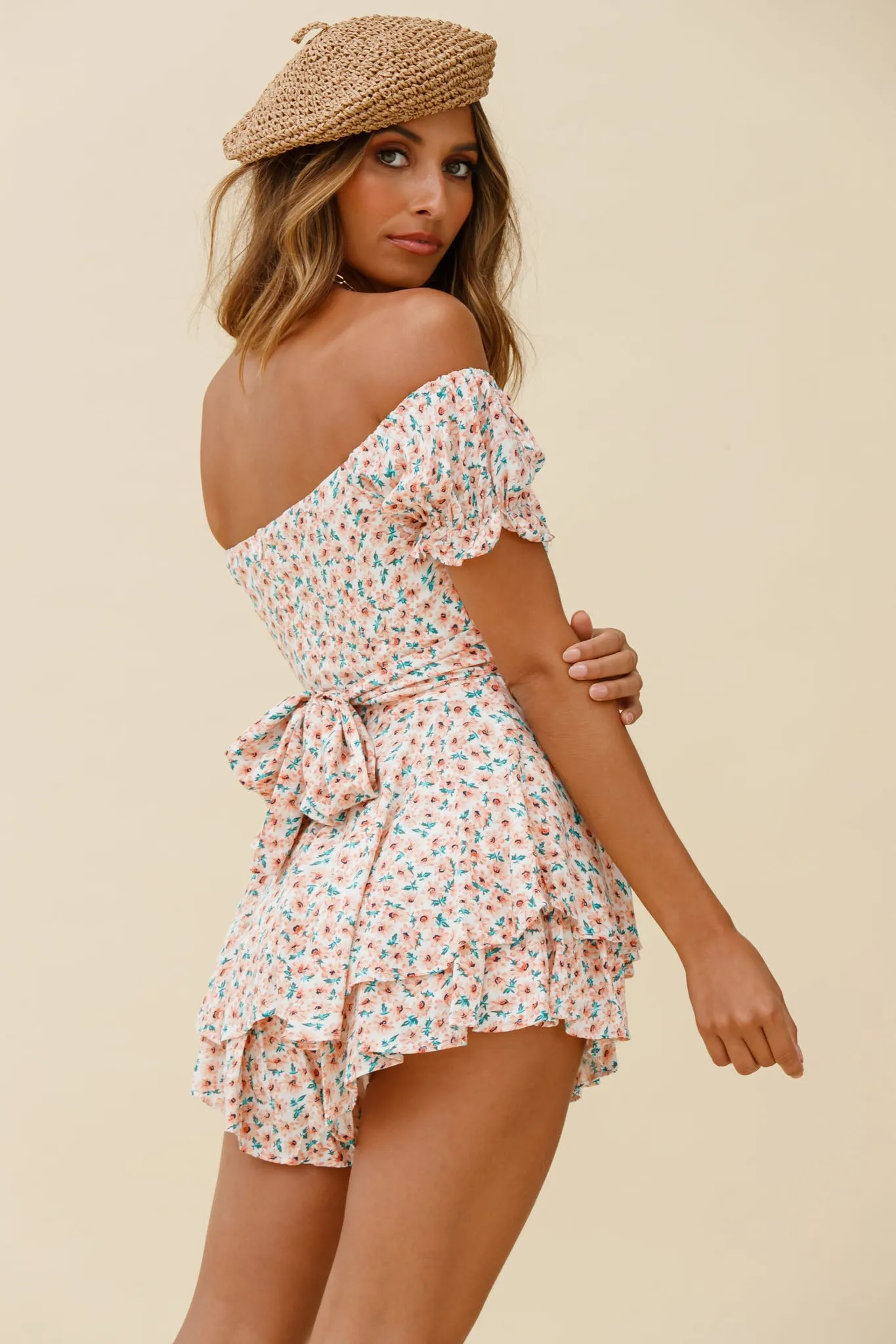 Linka Off-Shoulder Tie Back Romper Flower Print Pink