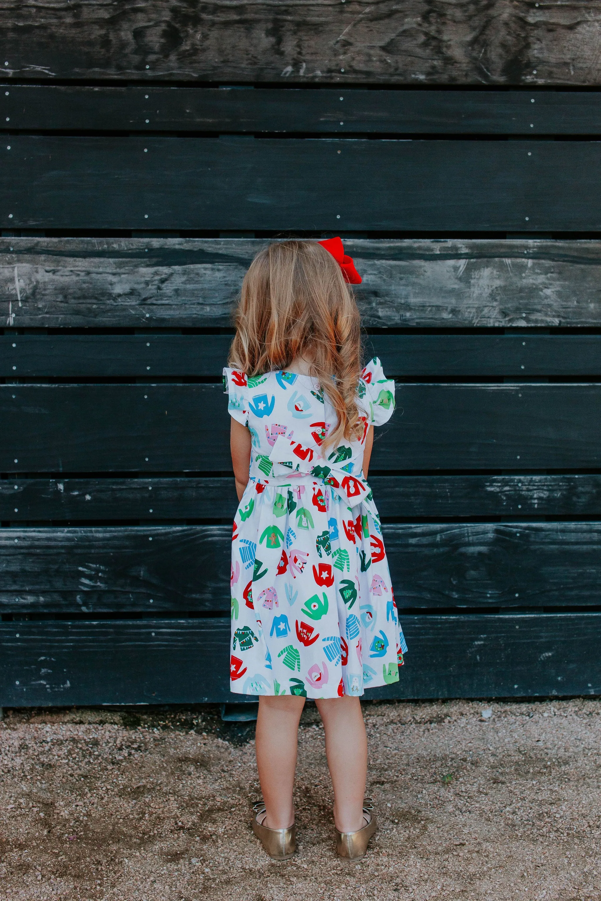 Little Girl's Multicolor Christmas Sweater Print Ruffle Sleeve Cotton Dress