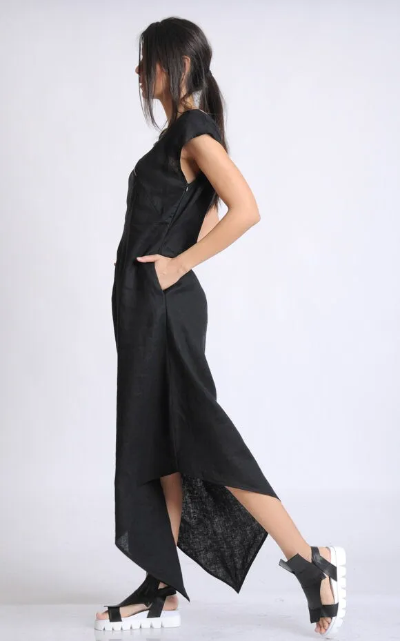 Long Loose Black Linen Dress