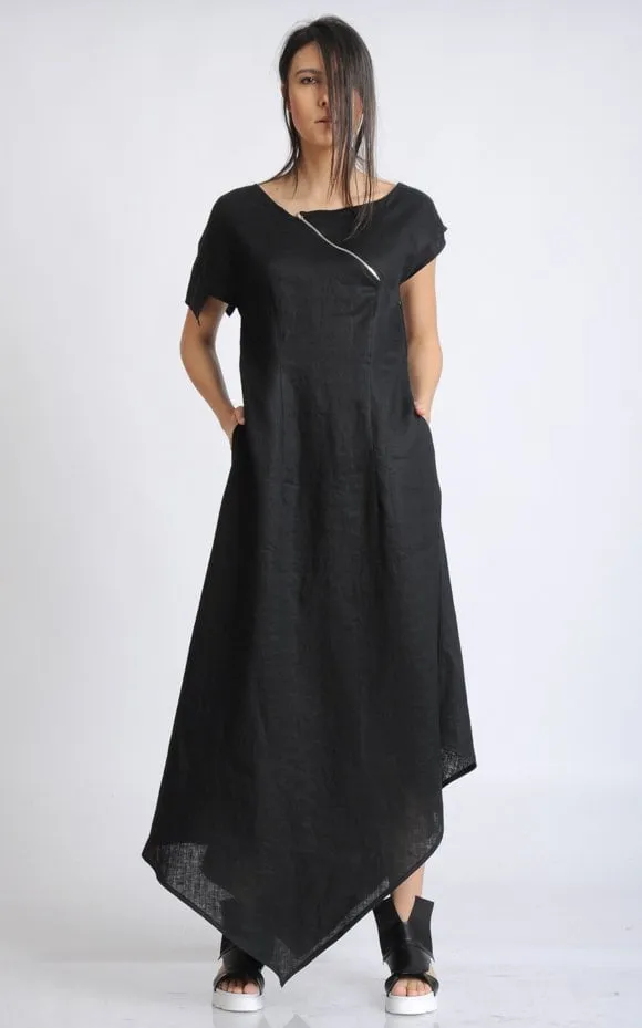 Long Loose Black Linen Dress