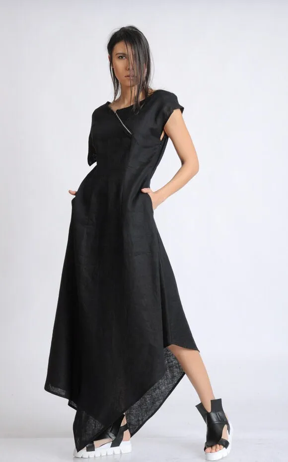 Long Loose Black Linen Dress