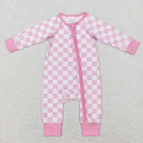 LR0810 baby girl pink plaid zipper long sleeve romper