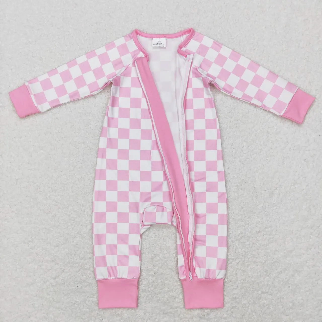 LR0810 baby girl pink plaid zipper long sleeve romper