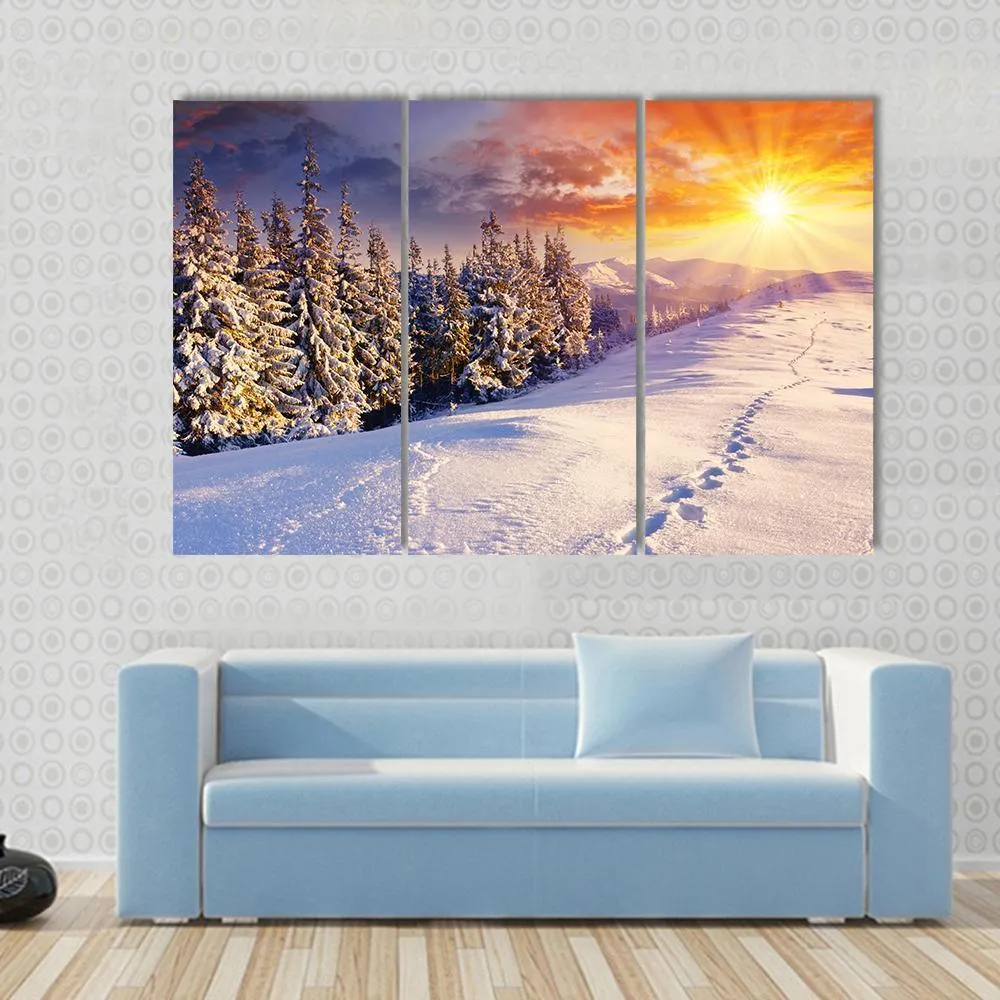 Majestic Sunset In Winter Mountain Canvas Wall Art