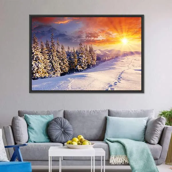 Majestic Sunset In Winter Mountain Canvas Wall Art