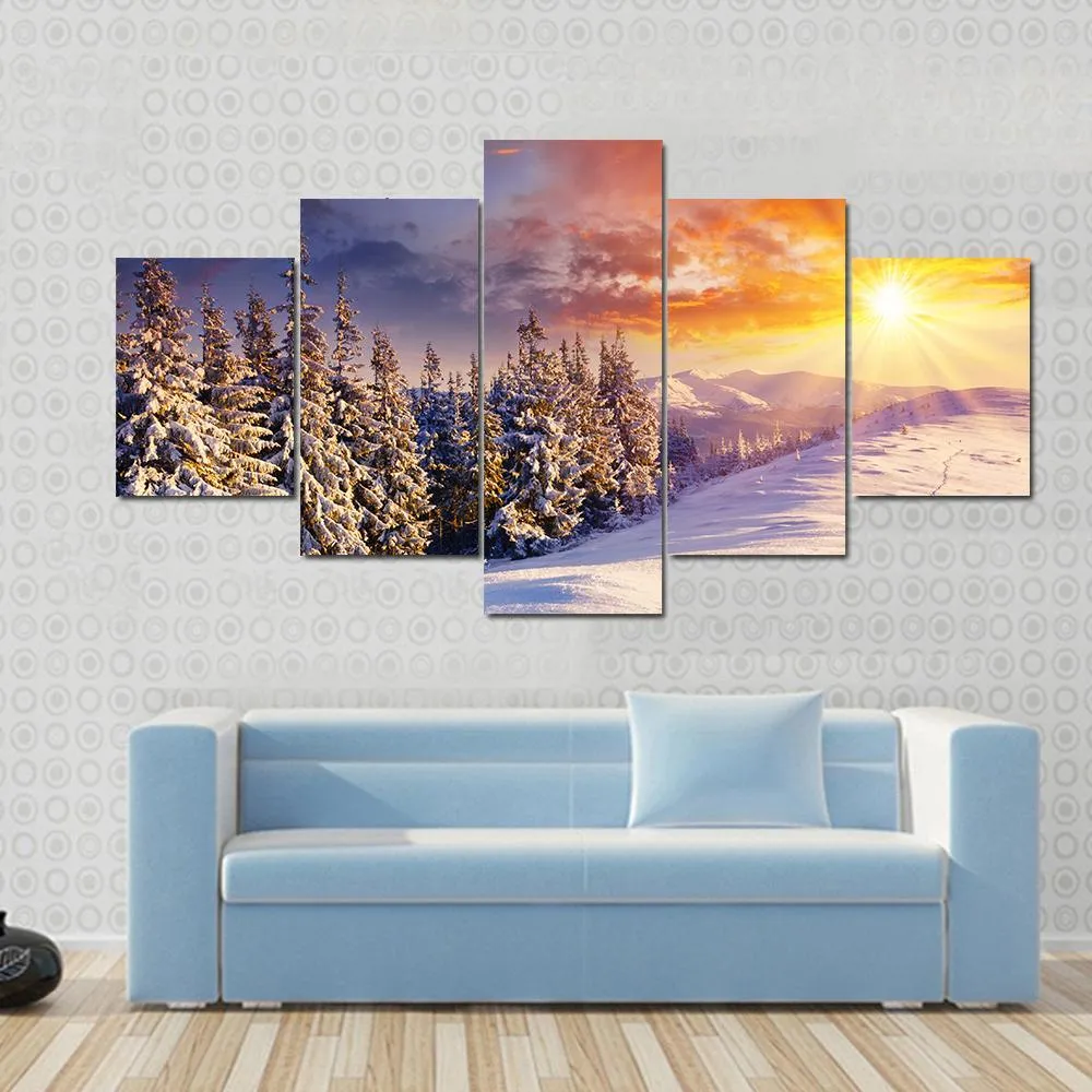 Majestic Sunset In Winter Mountain Canvas Wall Art