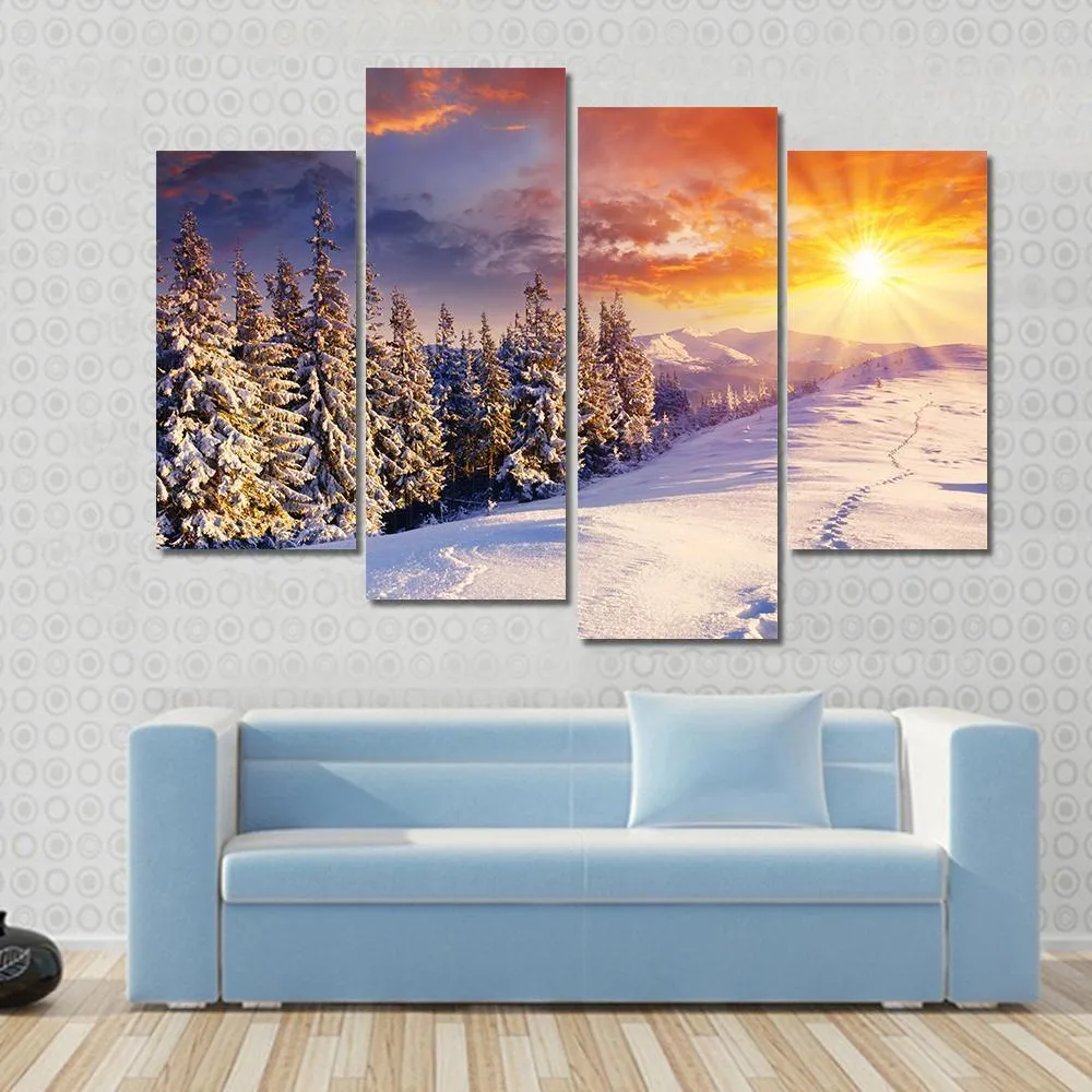 Majestic Sunset In Winter Mountain Canvas Wall Art