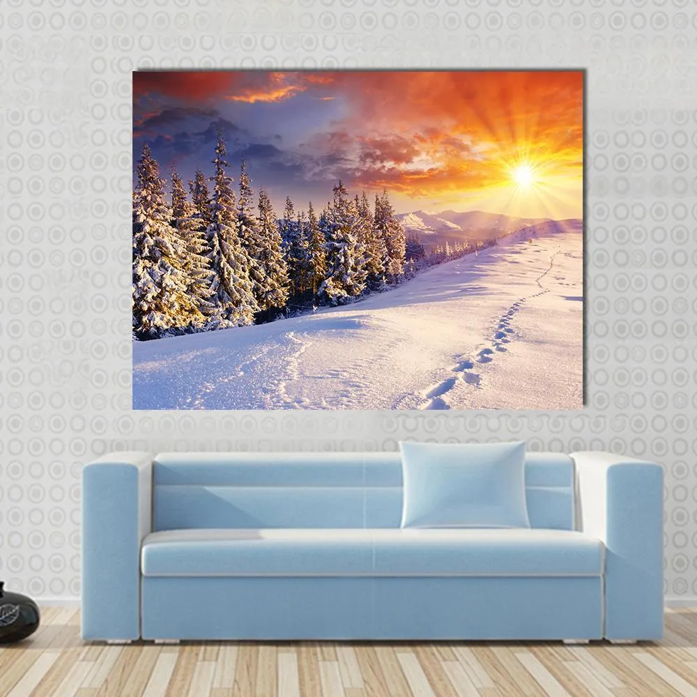 Majestic Sunset In Winter Mountain Canvas Wall Art